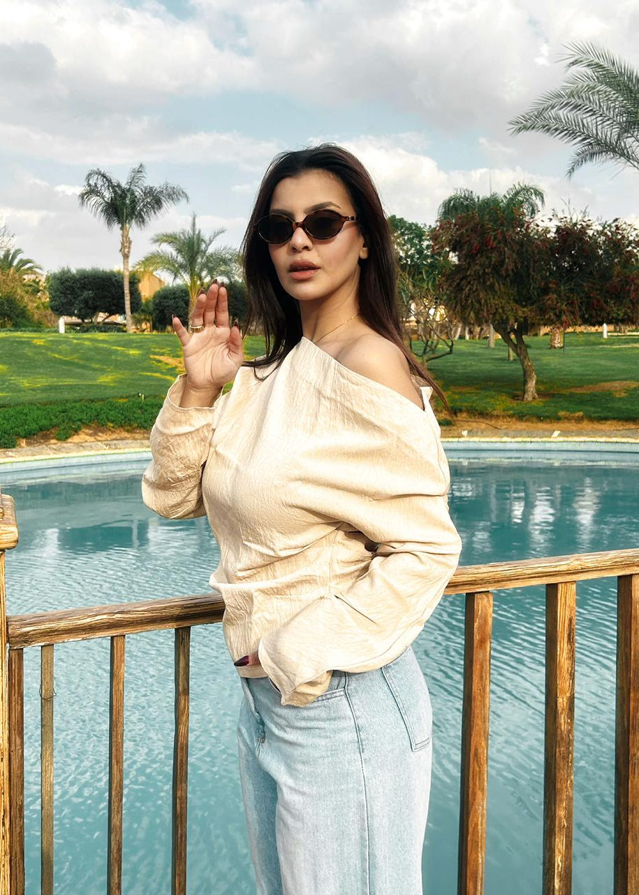 Aura One-Shoulder Blouse Beige